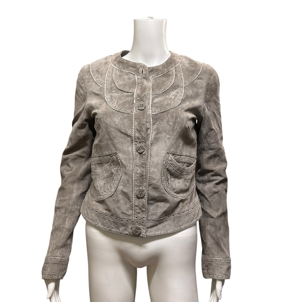 Vintage Gray Suede Leather Jacket | Decorative Stitching | Size XS